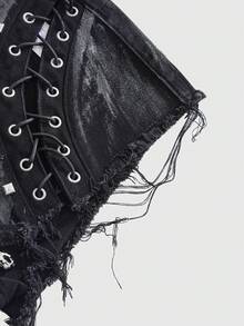 ROMWE Grunge Punk Sexy Metallic Skull Lace-Up Low Waist Distressed Denim Shorts - Black - View 4