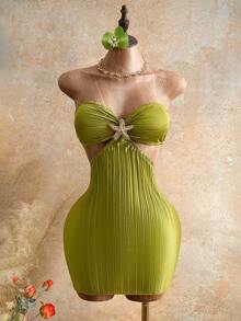 Mistrie Women Olive Green Metal Starfish Decor Hollow Out Pleated Bandeau Mini Dress,Summer 70s Retro Party Vacation Holiday Y2K Style Luxury Evening Gown - Green - View 5