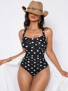 Shapewave Women's Summer Vacation Beach Polka Dot Print One-Piece Swimsuit Polka Dot Swimsuit One Piece Bathing Suits For Women Polka Dot Women's Swimsuits Women's Bathing Suit Full Coverage Women Swim Suit Set - Black and White - View 4