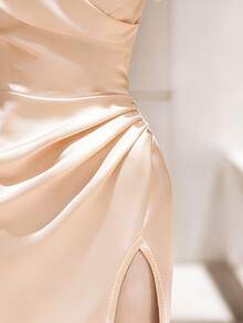 Franclia Đầm satin màu sâm panh cho nữ, đầm ôm sát eo xẻ tà, đầm mini thanh lịch dự tiệc, trang phục hẹn hò lãng mạn, quà sinh nhật. - Rượu sâm banh - Xem 4