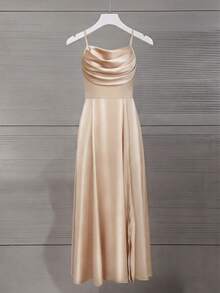 Elenzga 女士优雅浪漫派对/婚礼宾客/伴娘礼服，吊带心形领口，收腰设计，飘逸裙摆，高开衩 - 香檳色 - 查看 4