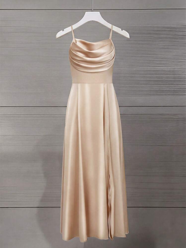 Elenzga Vestido elegante y romántico para fiesta/invitada de boda/dama de honor, con tirantes finos, escote de corazón, cintura ceñida, falda fluida y abertura alta - Champán - Añade 4