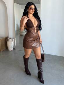 Dayanna Comas 女士性感紧身迷你裙，纯黑色，复古美式风格，四季皆宜 - 棕色 - 查看 3