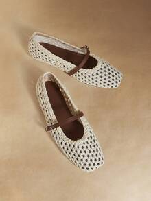 Rosivie 时尚精致网眼镂空平底女鞋，时尚舒适，法式方头优雅平底鞋 - 米白1 - 查看 1