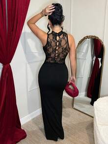 Dayanna Comas 优雅黑色蕾丝高领修身连衣裙，适合春夏正式场合，如婚礼宾客派对。 - 黑色 - 查看 2