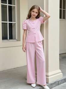 SHEIN 2件套女童花瓣袖上衣，斜扣褶裥下摆，搭配直筒阔腿裤套装 - 粉色 - 查看 3