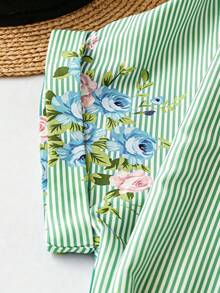 DreamSkyne Holidaya 竖条纹袖印花交叉系带前开襟上衣连衣裙长款假日沙滩套装女装 - 綠色 - 查看 3