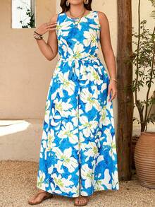 Breezaya Plus Size Women Floral Print Belted Jumpsuit,Blue And White Summer Boho Vacation Holiday Vacay Outfits,Hawaii Cruise Resort Wear Beach Outfits - Multicolor - View 7