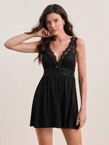 Hourtrue 对比色蕾丝蝴蝶结睡衣睡裙 - 黑色 - 查看 4