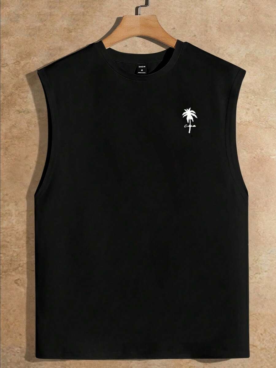 HIMLAND Camiseta Ajustada Sin Mangas De Punto Para Hombre Con Impresión De Árboles De Coco - Negro - Ver 1