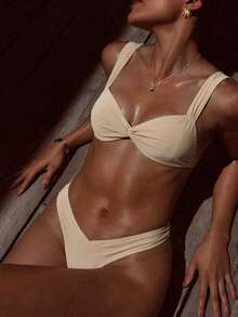 SHEIN Swim 女士纯色扭纹前开式性感比基尼套装，适合夏季海滩 - 杏色 - 查看 7
