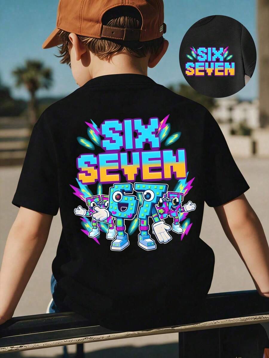 SHEIN Streecool Kids 幼儿男童休闲创意数字67及卡通积木闪电图案T恤，舒适百搭短袖T恤，适合春、夏、秋季穿着。 - 黑色 - 查看 1