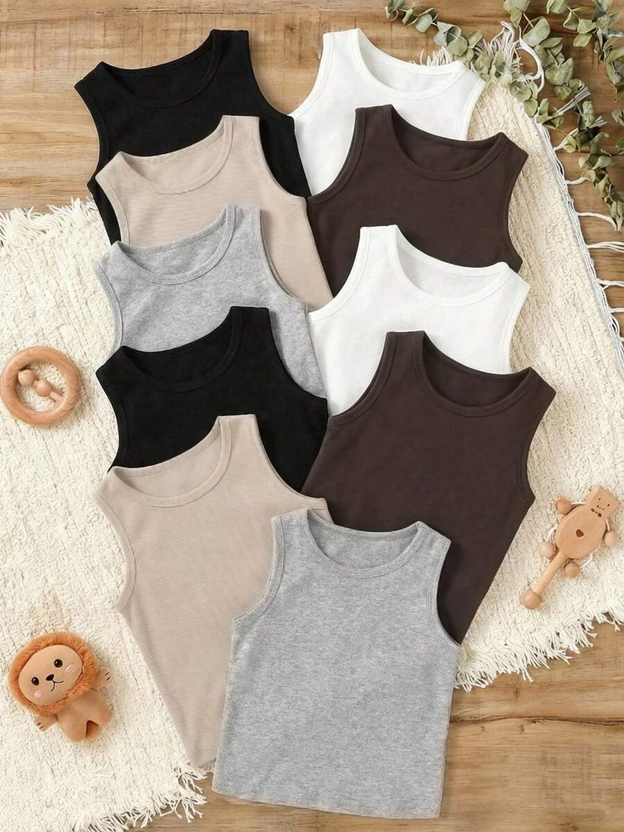 SHEIN 10件装男童舒适休闲无袖打底衫，简约设计风格，易于搭配，弹力透气针织面料，可机洗，穿着舒适，易于打理（5件单独出售） - 彩色 - 查看 1