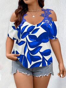 EMERY ROSE Plus Size Summer Casual Vacation Floral Off-Shoulder Blouse,Print Red Top,Casual Blouses For Women - Blue - View 1