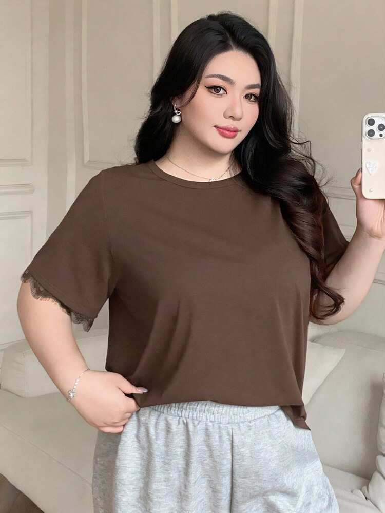 Dazy Plus Black Loose Fit Round Neck T-Shirt With Lace Trim Sleeves Oversized