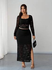 Elenzga Plus Size Black Lace Patchwork Long Sleeve Cropped Top & High Slit Skirt 2 Piece Set - Black - View 4