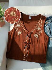 Tween Girls' Spring/Summer Vacation Beach Boho Embroidered Sleeveless Loose Woven Shirt - Brown - View 5