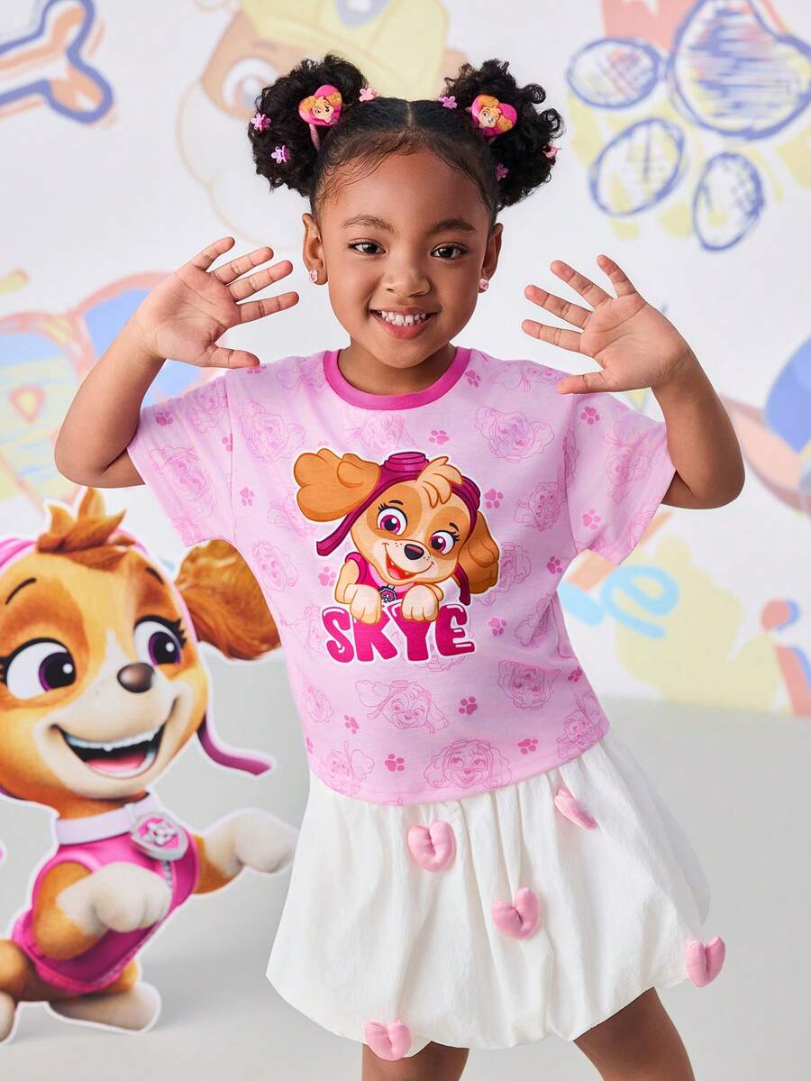 SHEIN | PAW Patrol 少女字母和卡通狗印花短袖T恤 - 粉色 - 查看 1