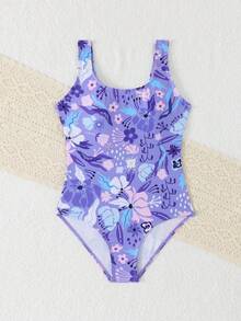 SHEIN 新款女童连体泳衣，紫色花卉图案面料，修身剪裁，凸显身材，风格独特。简约都市风，适合女孩度假、海滩、游泳、水上乐园、冲浪、沙滩派对等场合。 - 紫色 - 查看 4
