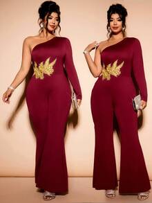 Cravure Plus Size Women Knitted Elegant One-Shoulder Long Sleeve Jumpsuit With Gold Applique, Burgundy - Burgundy - View 9