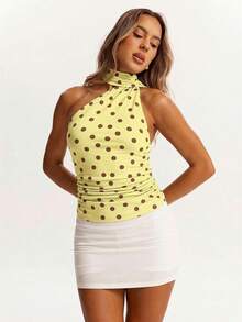 SHEIN BAE 春夏咖啡波点设计缎带露肩褶皱吊带背心，夏季紧身性感复古吊带背心，度假沙滩背心，邮轮旅行装，通勤休闲装，伊比沙岛穿搭 - 黃色 - 查看 5