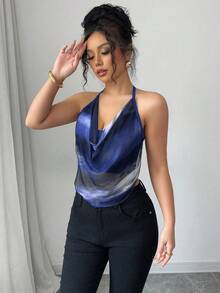 Selianne Áo kiểu nữ cổ yếm hở lưng nhuộm tie-dye, phong cách thường ngày đa năng, thích hợp cho hẹn hò và đi chơi. - Xanh đậm - Xem 5