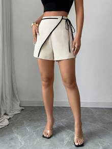 Elenzga Women's Elegant Contrast Color Tie Waist Shorts, Summer | SHEIN UK