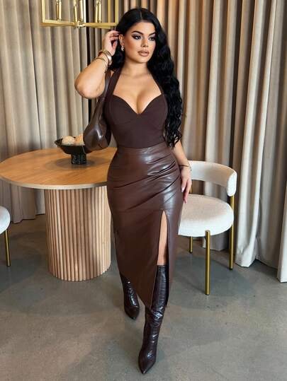 Dayanna Comas 女士高开衩 PU 半身裙，都市通勤商务休闲办公装，秋季优雅女士正装