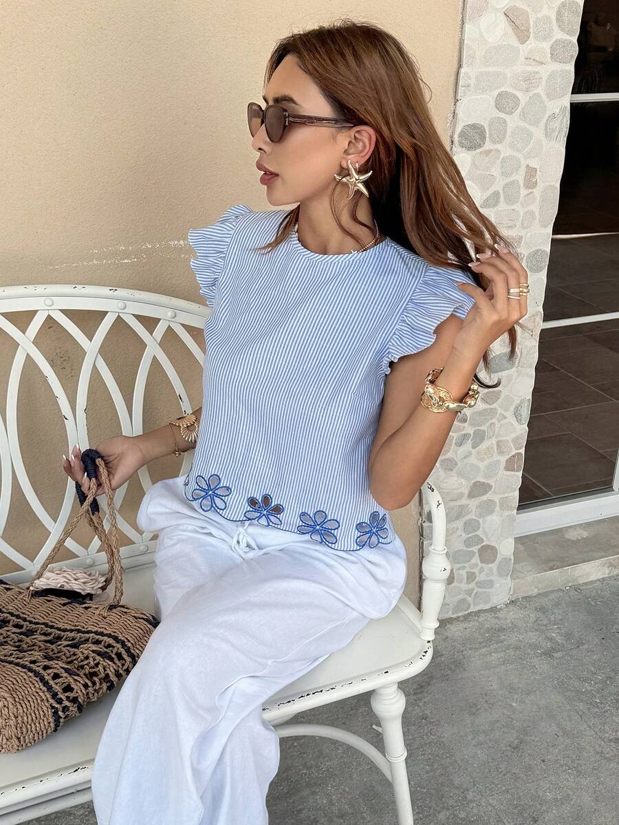Serisse Women's Vacation Casual Striped Hollow Embroidery Cap Sleeve Blouse - Blue and White - View 1