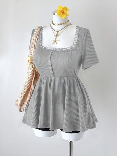 Sunspun Plus Size Square Neck Patchwork Ruffle Trim Button Decor A-Line Short Sleeve Knit Elegant Retro Casual Cute Vacation T-Shirt For Women