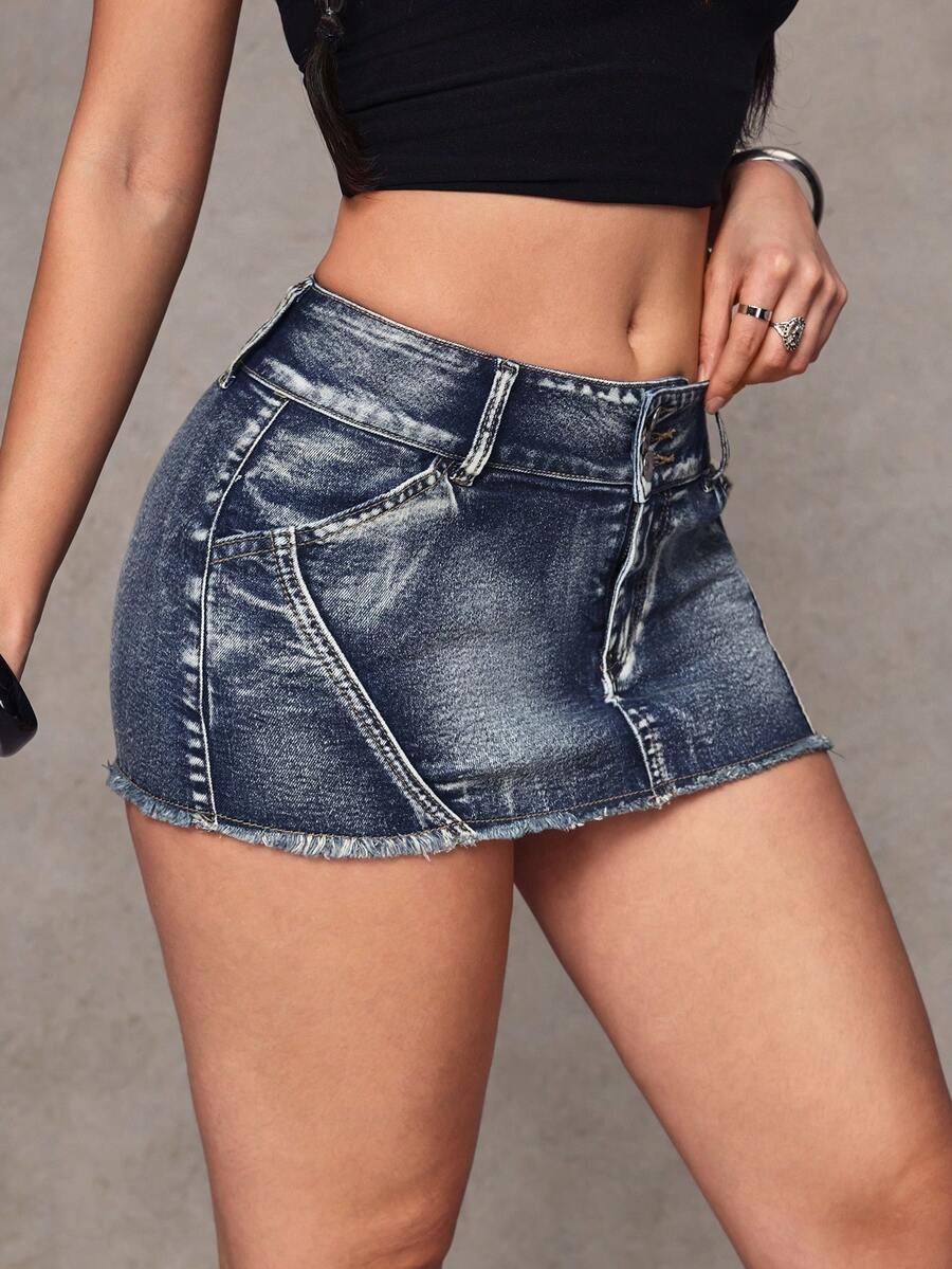 Jeanoix Y2K 女士性感低腰迷你牛仔裙，夏季 - 中等水洗藍 - 查看 1