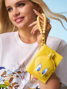 LOONEY TUNES X SHEIN 1 pezzo Portapassaporto in pelle PU con stampa a motivo di personaggio dei cartoni animati, dotato di ciondolo a catena di perline, in grado di contenere passaporti e carte d'imbarco, con due slot per carte, adatto per uomini, donne, adolescenti, ideale per i viaggi, Tweety - Giallo - Visualizzare 3