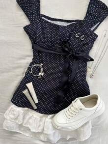 Glimmora 大码女式系带波点印花休闲衬衫 - 藏蓝色 - 查看 5