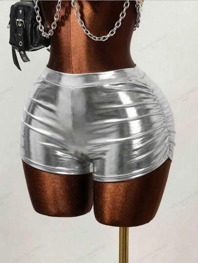 Mistrie 女士音乐节紧身性感短裤，女士性感银色超短裤