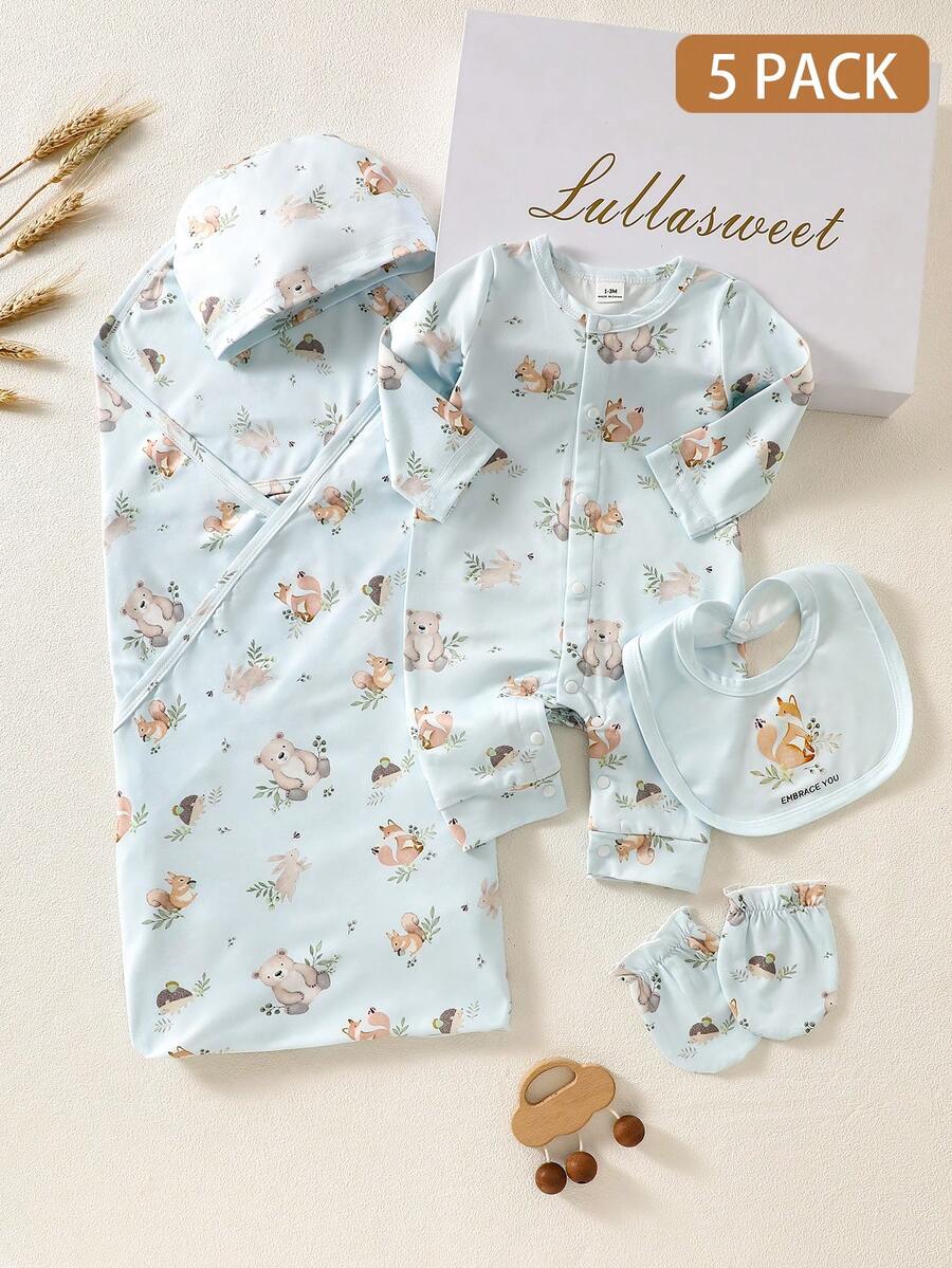 SHEIN Bộ quà tặng quần áo trẻ sơ sinh, bộ đồ sơ sinh mùa xuân/hè, bộ áo liền quần cho trẻ sơ sinh, quà tặng mừng em bé chào đời. - Màu xanh nhạt - Xem 1