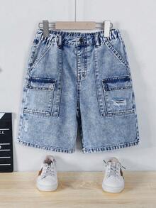 2026 Summer New Arrival Tween Boys Loose Fit Denim Shorts, Casual Vintage Straight Leg Mid-Waist Comfortable Shorts For Outdoor, School, Party, Holiday Wear - Medium Wash - View 3