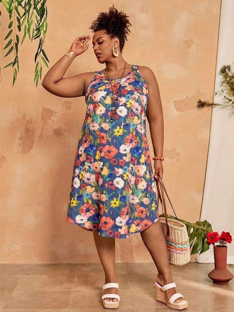 Plus Size Women's Summer Casual Vacation Country Floral Print Casual Halter Neck Dress,Summer Outfits For Women ,Vacation Outfits Women ,Holiday Outfits For Women,Going Out Outfits,2026 New Clothes,Simple And Fashionable For Everyday Wear,Suitable For Summer, Vacation, Daily Wear, Festival Outfits For Women,Country Concert Outfit,Beach Outfits For Women,Western Style,Flowy Dress