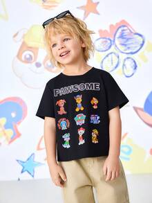 SHEIN | PAW Patrol 男童休闲时尚日常通勤度假可爱卡通字母印花短袖黑色T恤，夏季 - 黑色 - 查看 2