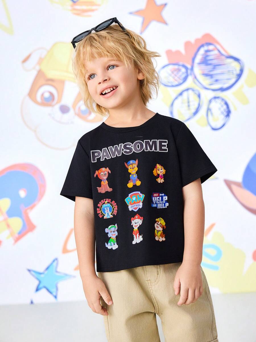SHEIN | PAW Patrol 男童休闲时尚日常通勤度假可爱卡通字母印花短袖黑色T恤，夏季 - 黑色 - 查看 1