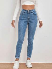 Breezaya High Waist Slant Pocket Skinny Black Jeans - Medium Wash - View 3
