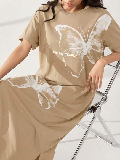 Mulvari Đầm dài dự tiệc thường ngày dành cho nữ, cổ tròn, in chữ và bướm.