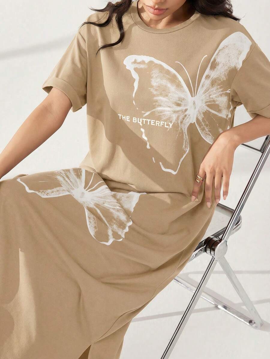 Mulvari 女士圆领字母蝴蝶印花休闲派对长裙 - 卡其色 - 查看 1