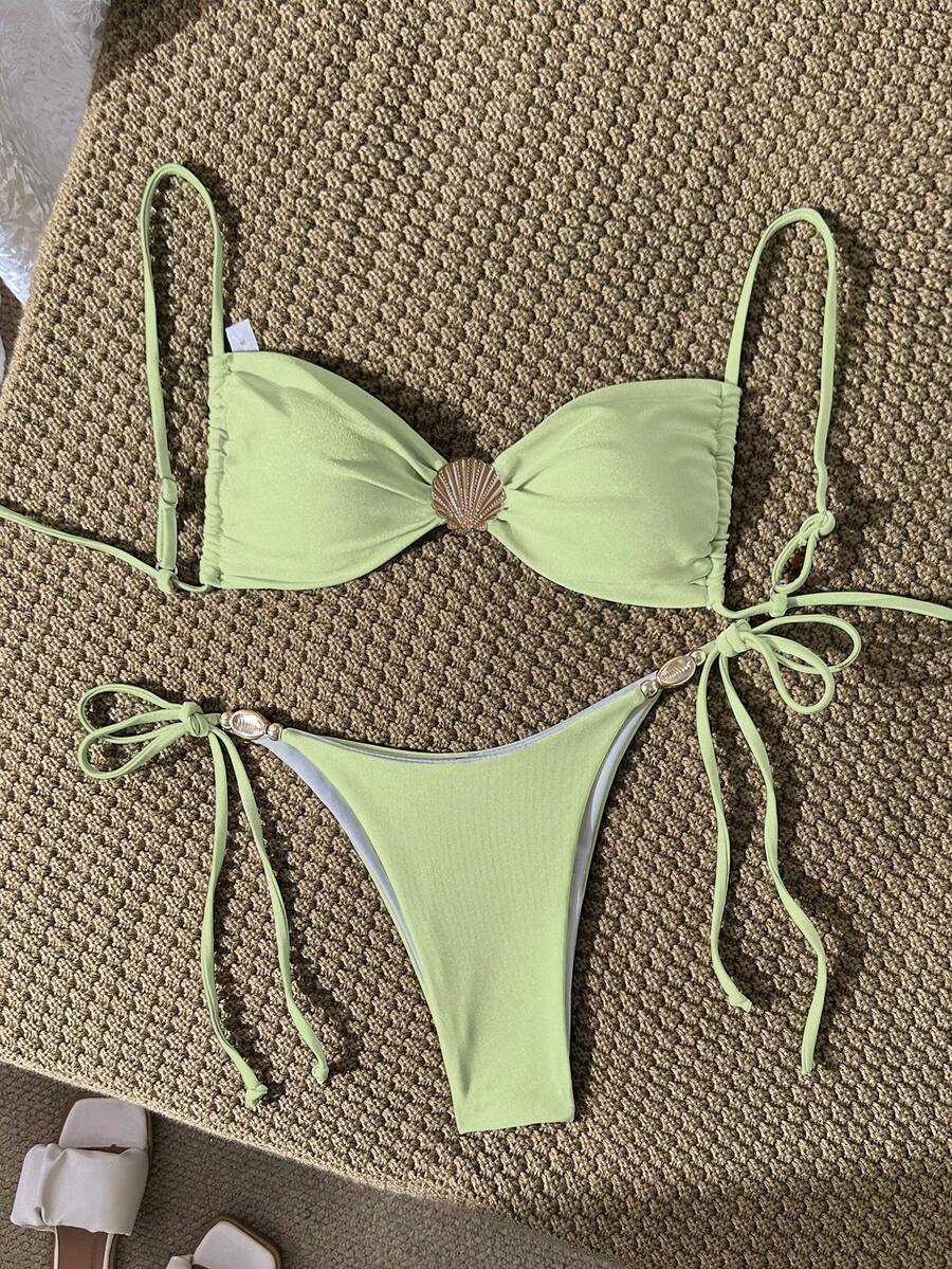 Swim Mod Solid Color Spaghetti Strap Wireless Shell Decor Top And Side Tie Swim Bottoms Women Summer Bikini Set Set - Mint Green - View 1
