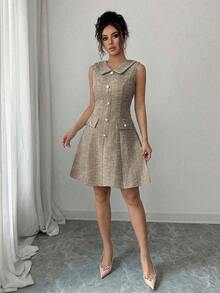 Elenzga Women's V-Neck Ruffled Collar A-Line Dress, Textured Fabric, Waist Cinched, Flared Skirt - Khaki - View 8