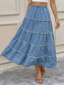 Vivid Eden Chân váy denim dáng chữ A xẻ tà bên hông, cạp chun co giãn dành cho nữ. - Rửa trung bình - Xem 3