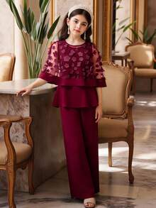 SHEIN Modisches, elegantes und personalisiertes Dreiteiler-Set mit transparentem Mesh, transparentem Stoff, 3D-Blumenmotiven, abnehmbaren Schulterteilen, taillierter Passform, vielseitigen Trägertops und weiten, locker sitzenden Schlupfhosen - Bordeaux - Übersicht 4