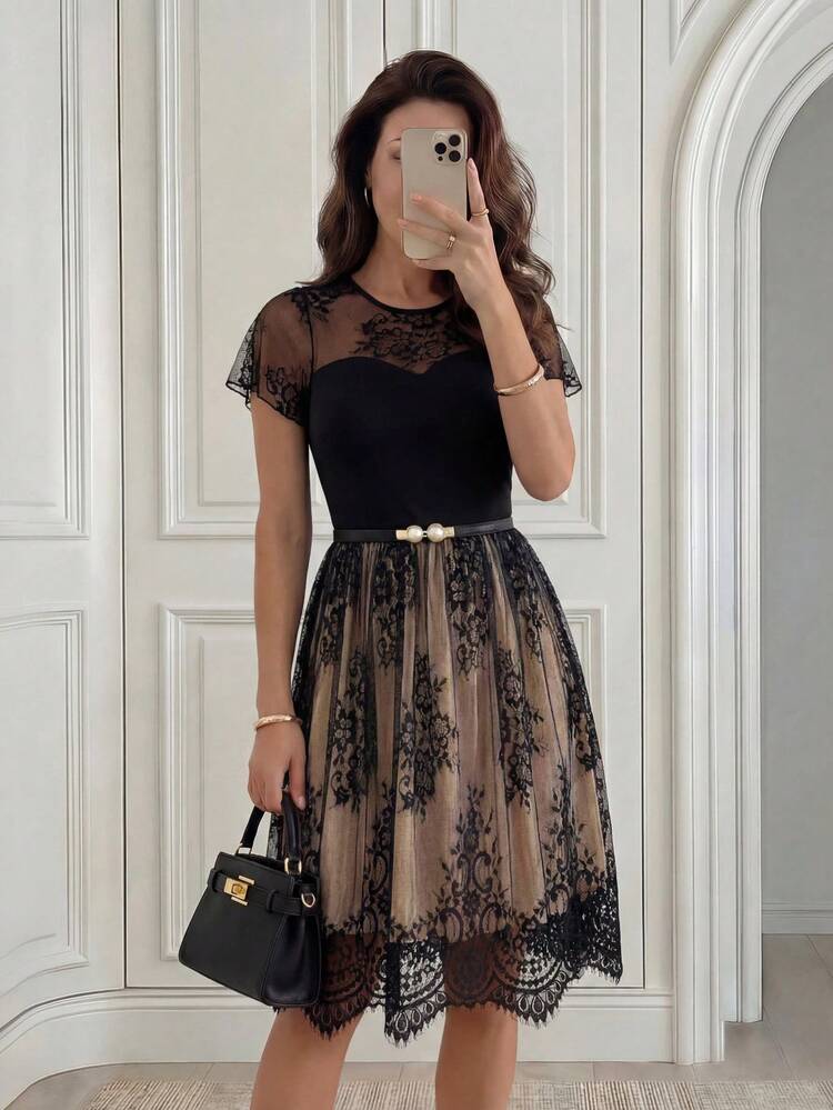 Women's Elegant Contrast Lace Mid-Length Dress, Summer Vacation Outfit For Women Spring Sunmmer,Summer Holiday Outfits,Elegant Dresses For Women Elegant Midi Dress,Graduation Outfit For Mother, Ruffle Dress,Summer Outfits For Women,Summer Dresses For Women