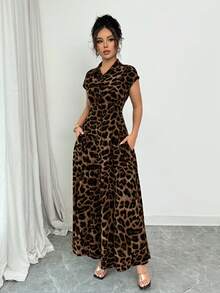 Rafferiza Women's Elegant Leopard Print Collared Short Sleeve Button Down Waist Dress - Volcanic Gray - View 7