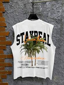 STEELVANCE Men's Letter & Plant Print Round Neck Casual Tank Top For Summer - White - View 3