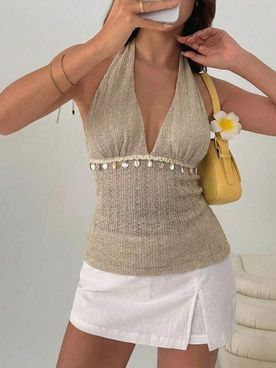 Firerie Women's Vacation Casual Pendant Decor Backless Halter Top Deep V Neck Top - Apricot - View 1